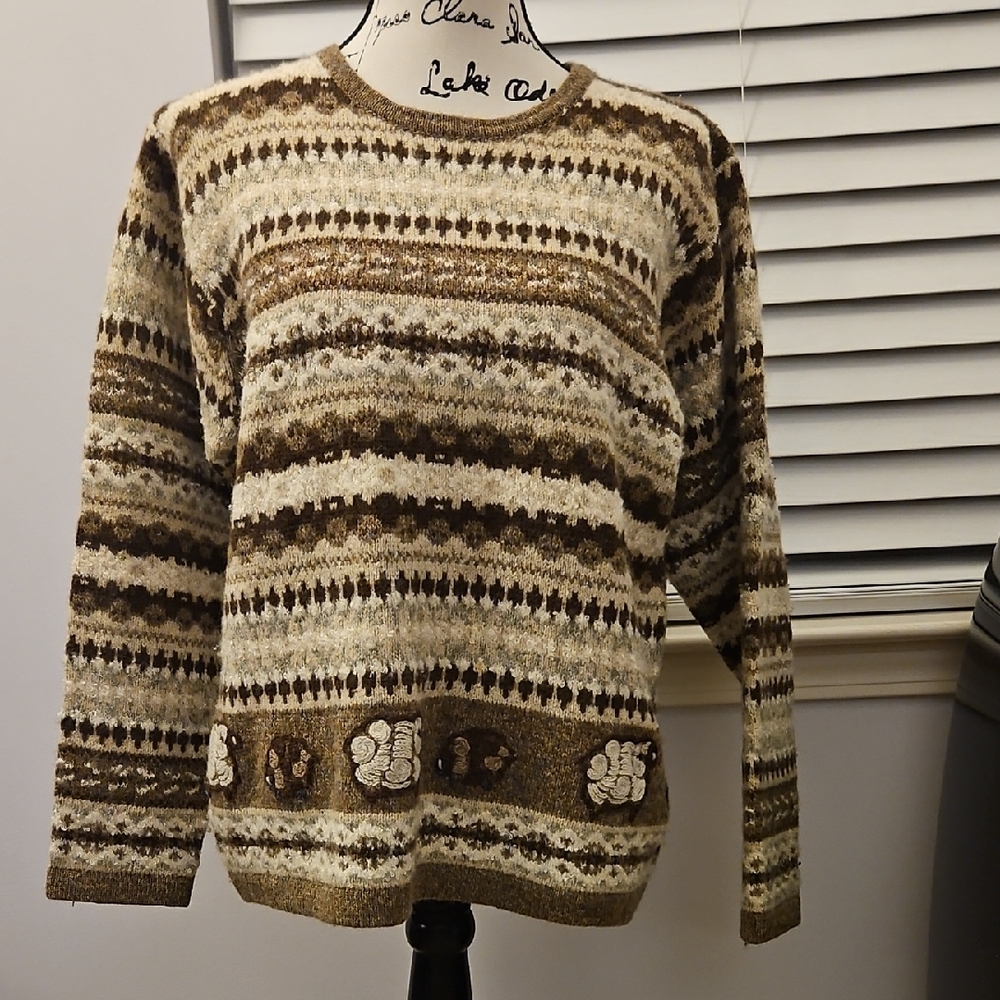 Woolrich Women's Cream and Brown Sheep Patterned Crewneck Sweater
